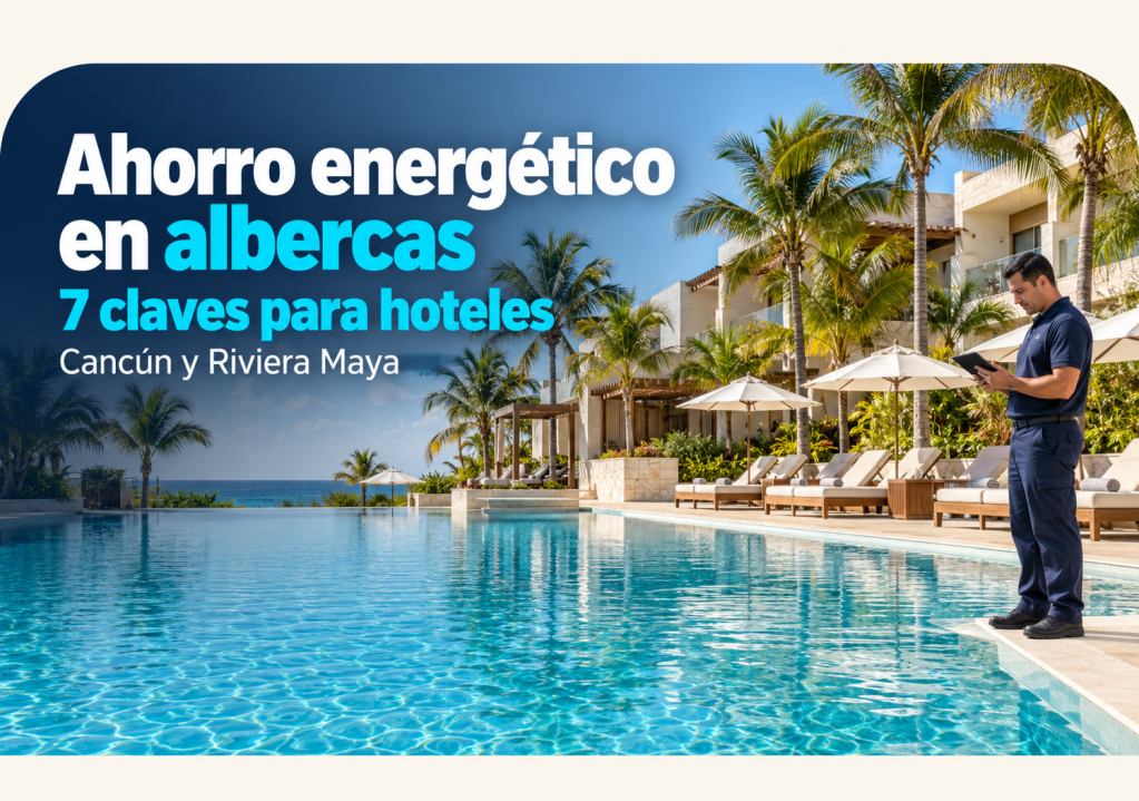 Ahorro energético en albercas: técnico con tableta junto a una alberca hotelera rodeada de palmeras.