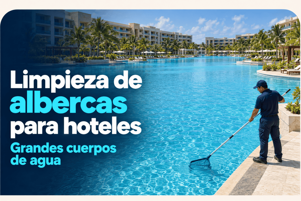 Limpieza de albercas para hoteles: técnico retirando residuos de una alberca de gran tamaño con un resort al fondo.