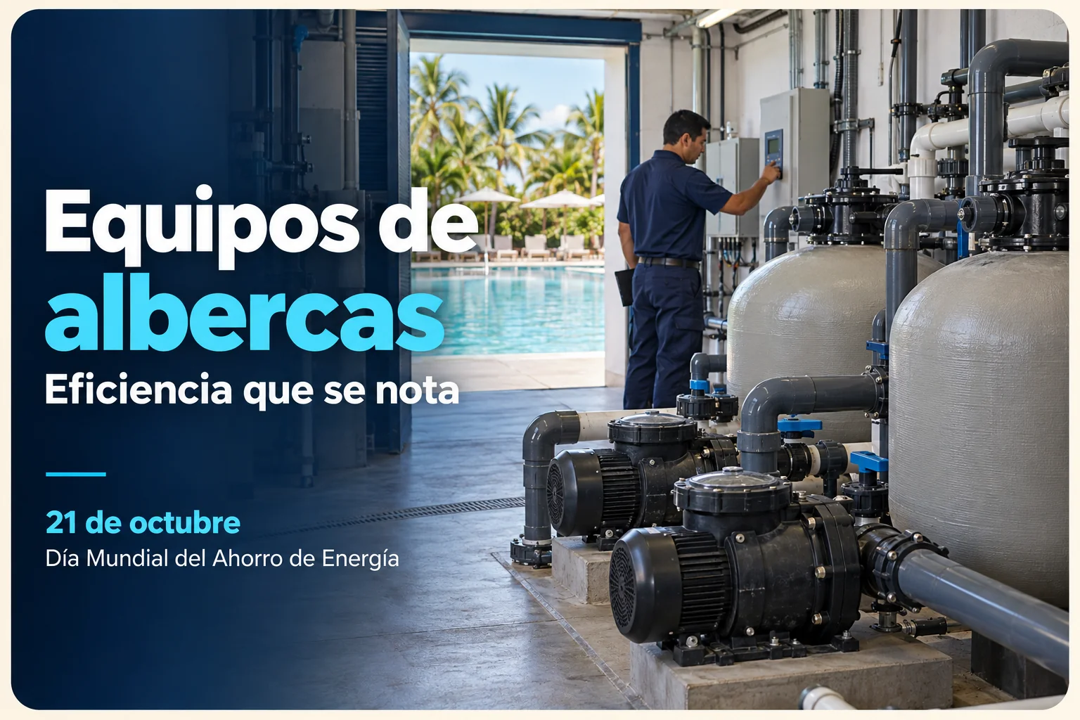Equipos de albercas hoteleras con bombas, filtros y un técnico revisando el sistema de control.